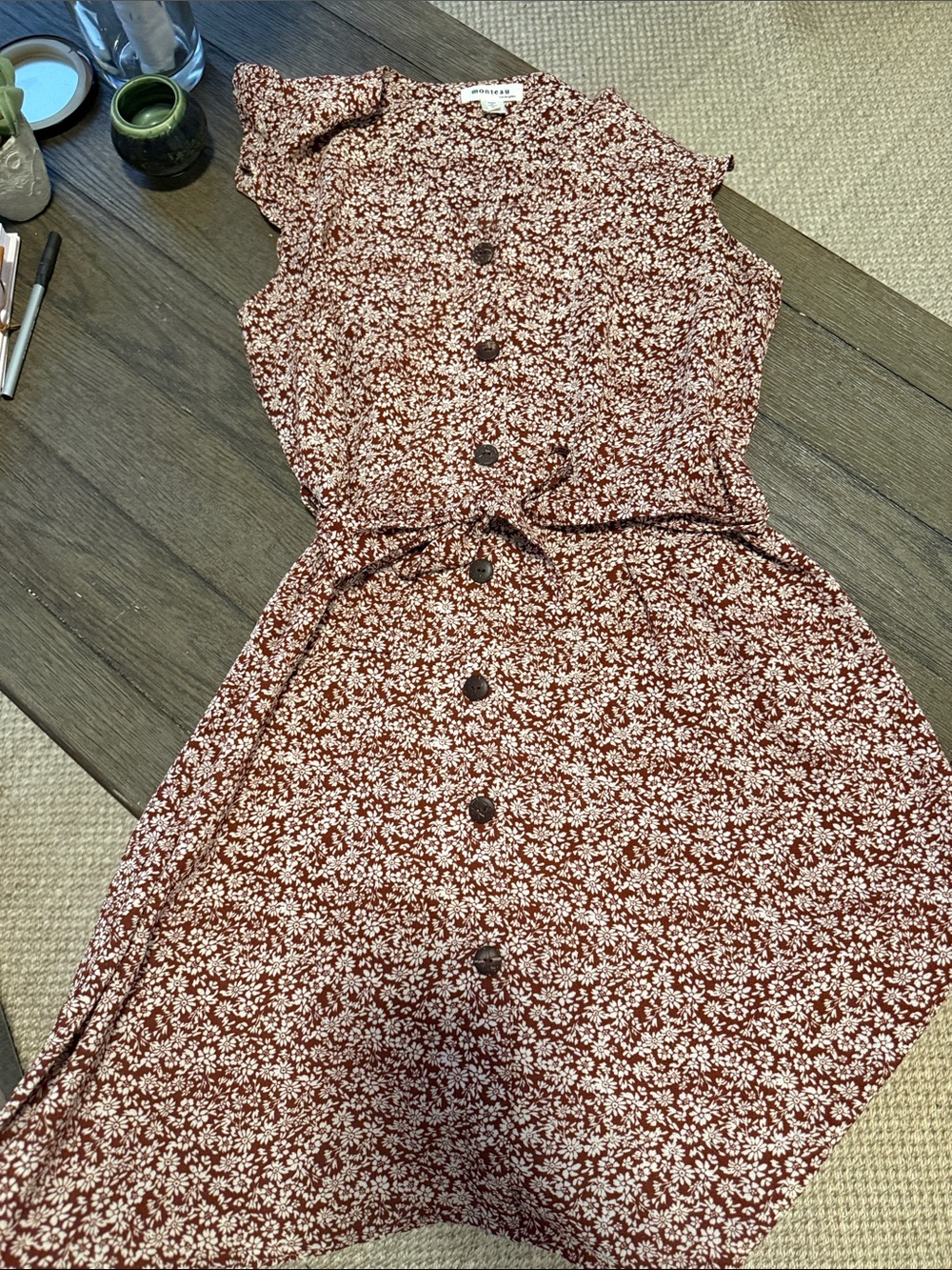 Button-Front Floral Midi Dress in Rust and White